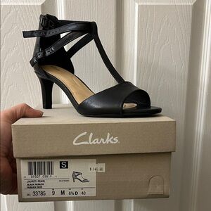 Clarks Black Leather Heeled Sandals